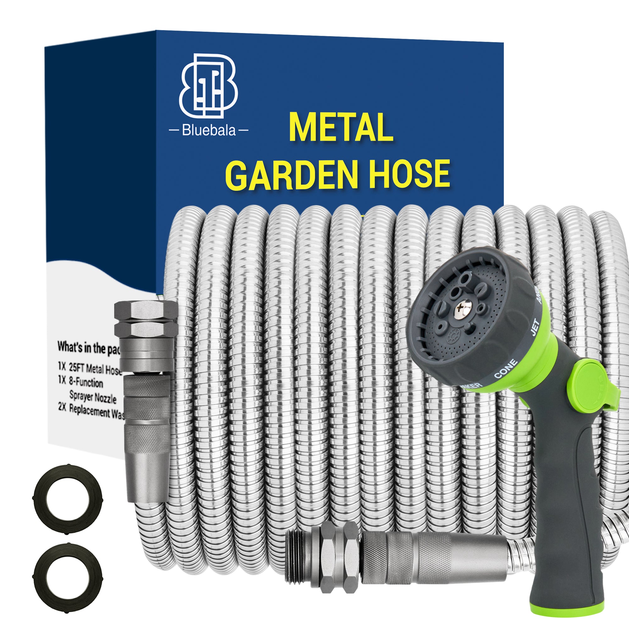 Bluebala 100FT Stainless Steel Garden Hose – Heavy Duty Metal Water Hose with 8-Mode Spray Nozzle, Leak & Kink Proof